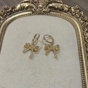 Gold tone Dainty CZ Bow Huggie Hoop  Earrings